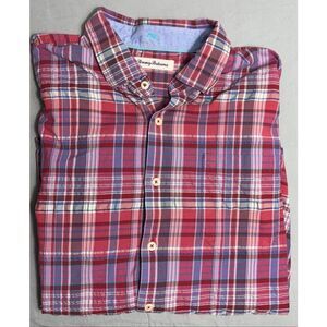 Tommy Bahama Men’s Red Plaid Cotton Silk Blend Shirt L Long Sleeve Button-Down